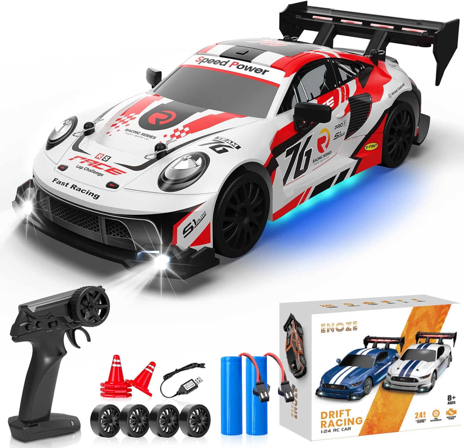 RC Drift Car 2.4GHz, Drifting RC Cars 1/24 4WD Drift Car Fast Remote Control Vehicle with LED Lights Two Batteries and Drifting Tires Racing Sport Toy Cars for Adults Boys Girls Kids