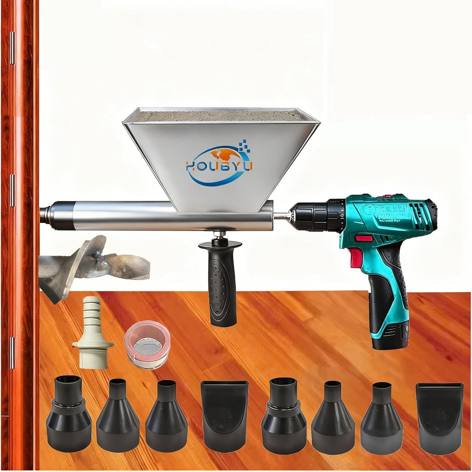 Mortar Grout Gun HOUBYU Portable Cement Caulking Gun Pointing Grouting Caulking with 9 Nozzles (Without Electric Drill)