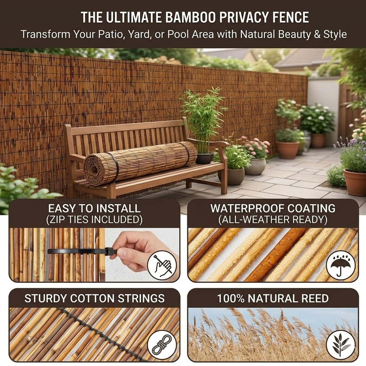 Générique Canisse en Roseau Naturel 30-200cm Brise Vue en Rouleaux avec Attaches de Fixation, Panneau Occultant pour Balcon Patio, Clôture Séparateur De Confidentialité Extérieur(Brun,150x180cm)