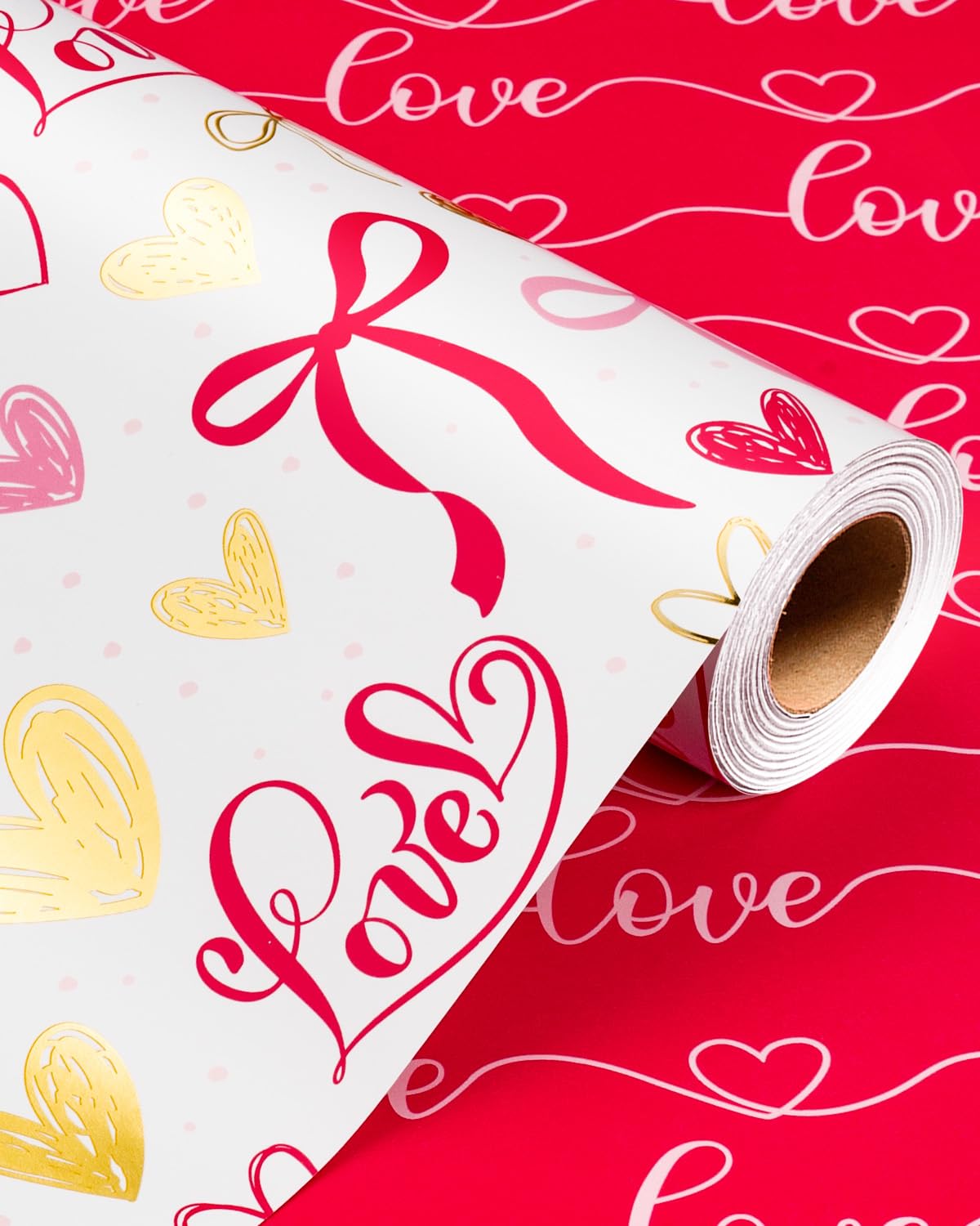 Wikadlik Geschenkpapierrolle in Herzform, rosa Schleife und Liebesschrift, Geschenkpapier für Valentinstag, Jahrestag, Muttertag, Hochzeit, 43 cm x 10 m
