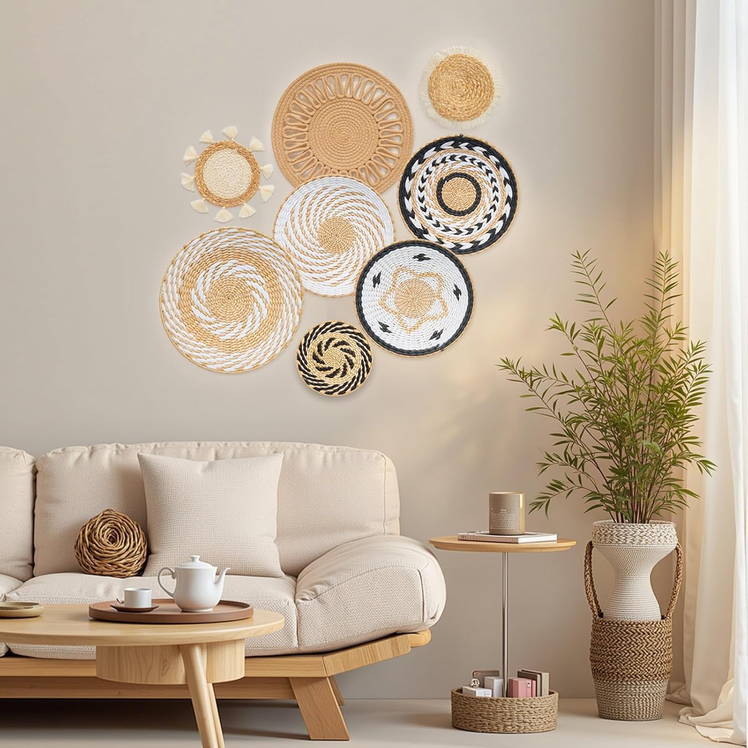 Confezione da 8 decorazioni da parete in stile boho, 35,5 cm, rotonde da appendere a mano, in rattan, per soggiorno, rustico, piatto, elegante, fattoria, camera da letto, tavolo, cucina e casa