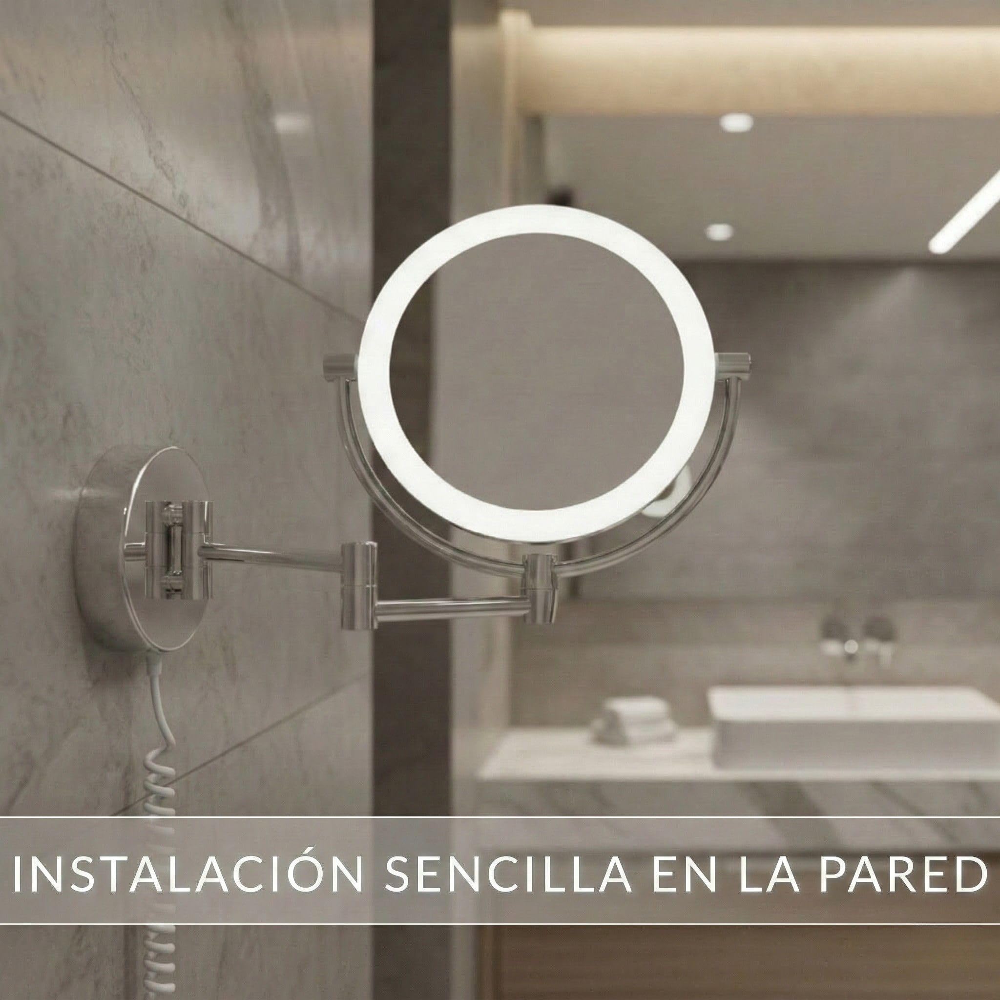 Modena Espejo de Aumento de Pared con LED – Espejo de Maquillaje Giratorio 360° con Atenuador, Luz Natural e Ingrandimento 5x/10x