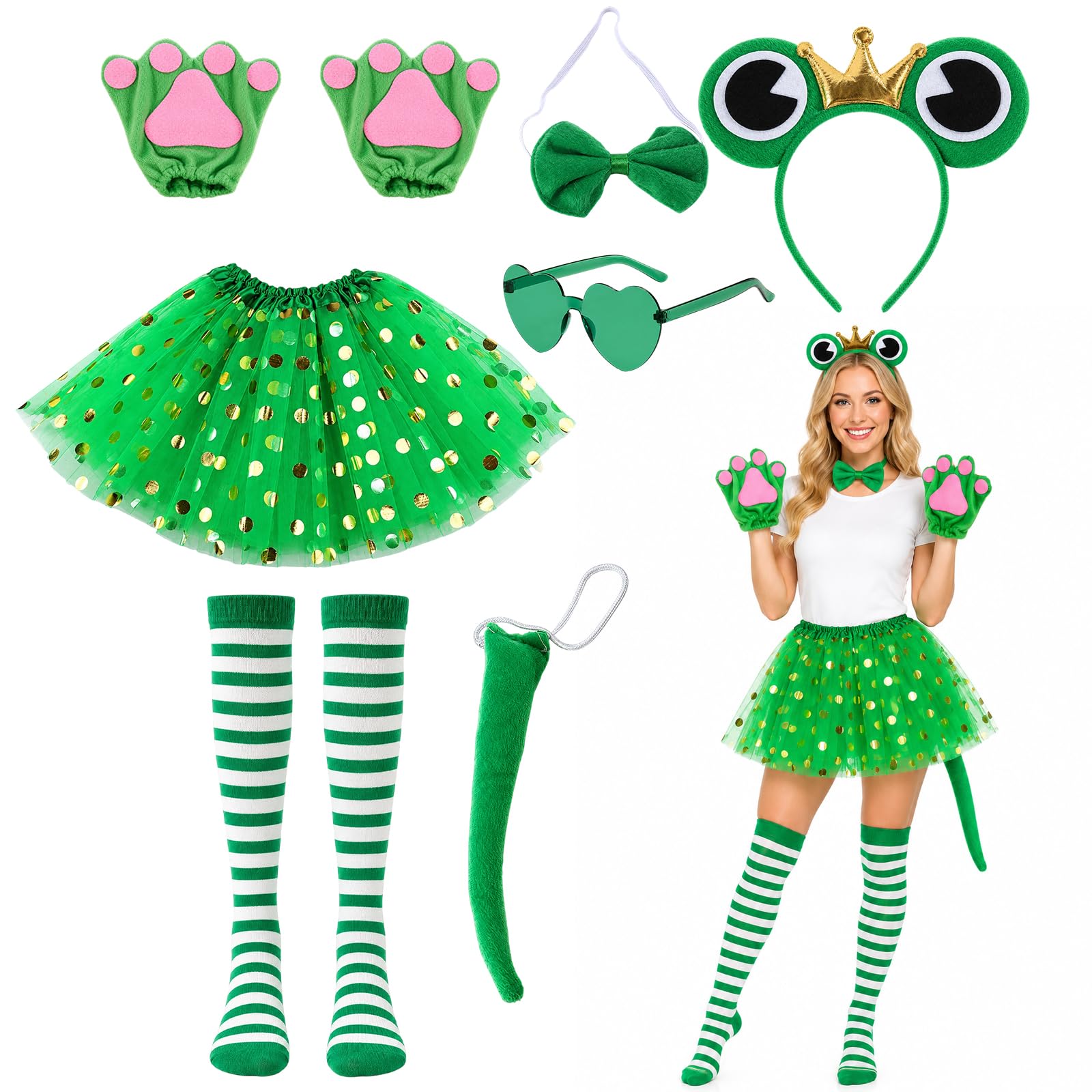 QhgPnt 7-Piece Frog Costume Set with Green Tutu, Frog Headband and Tail, Funny Costumes for Women, Halloween Animal Costume and Cosplay Accessories