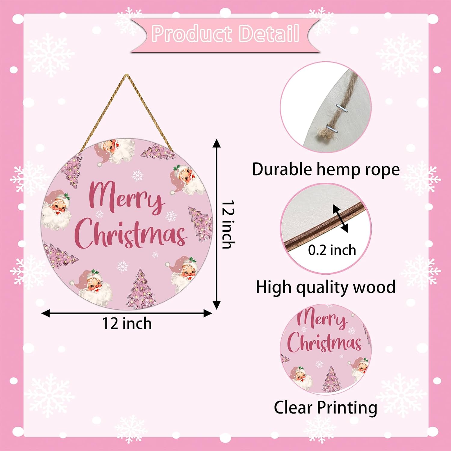 Pink Christmas Decor Door Decorations Merry Christmas Sign Pink Tree Santa Claus Wall Decorations Wooden Front Door Hanger Hanging Sign Wreath for Porch Wall Indoor Home Decor