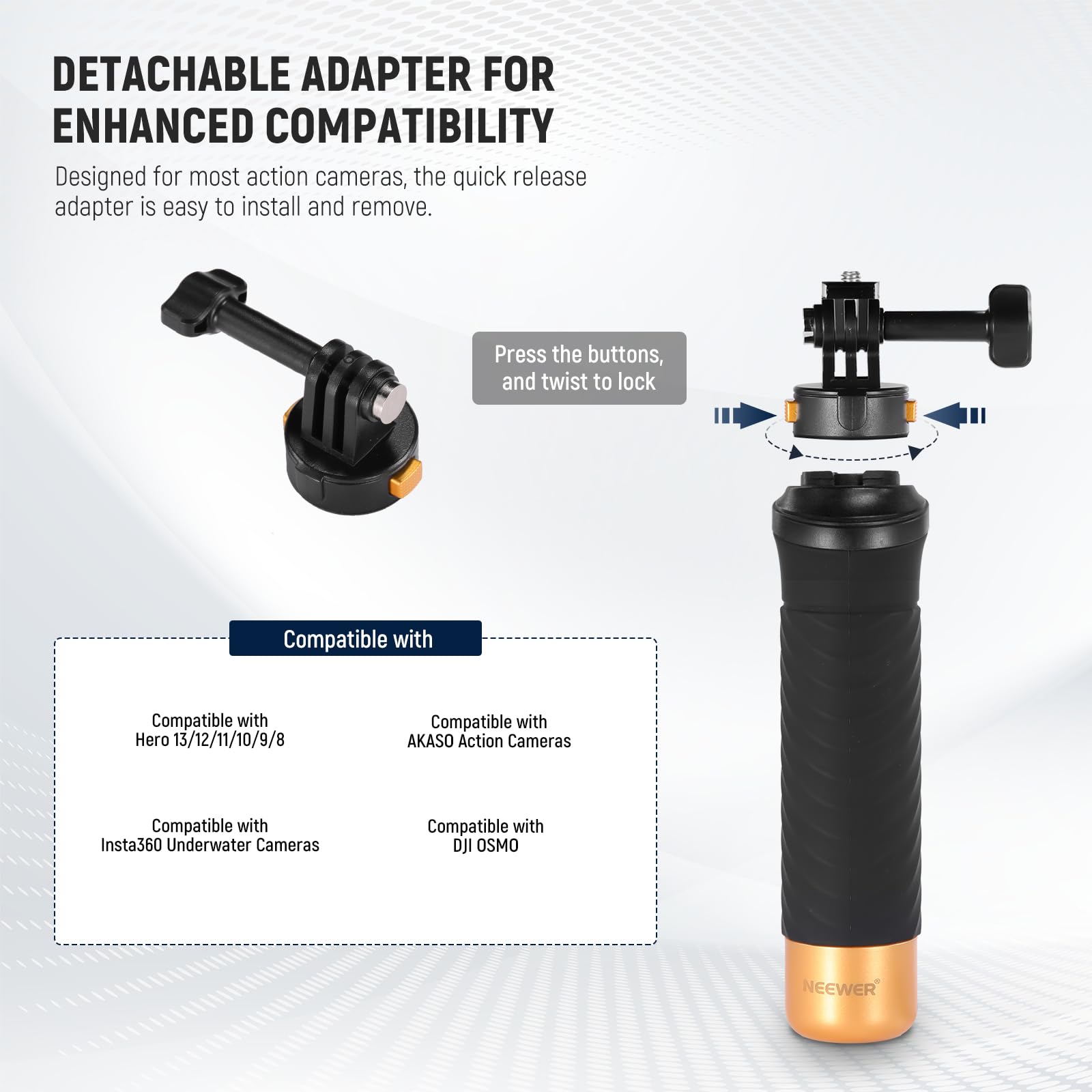 NEEWER Poignée Flottante pour Caméra d'action avec Fixation Rapide, Vis 1/4", Dragonne, Kit d'Accessoires pour Manche et Perche Sous-marine à Fixation Portable Compatible avec GoPro Insta360 DJI, GP23