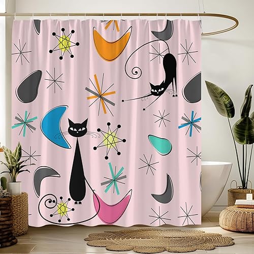 Miniatura 3 de Cortina de ducha de gato atómico de mediados de siglo, rosa, gris, azul, moderna, abstracta, geométrica, gato negro, retro, 50S, cortina de