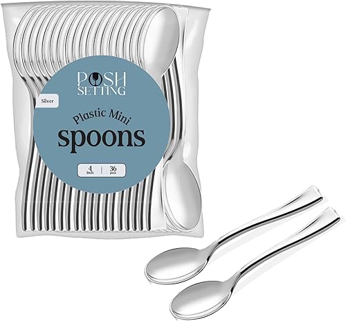 Mini cucharas plateadas, mini cucharas de postre de plástico plateado, pequeñas cucharas desechables de plata, mini cucharas plateadas de 4 pulgadas