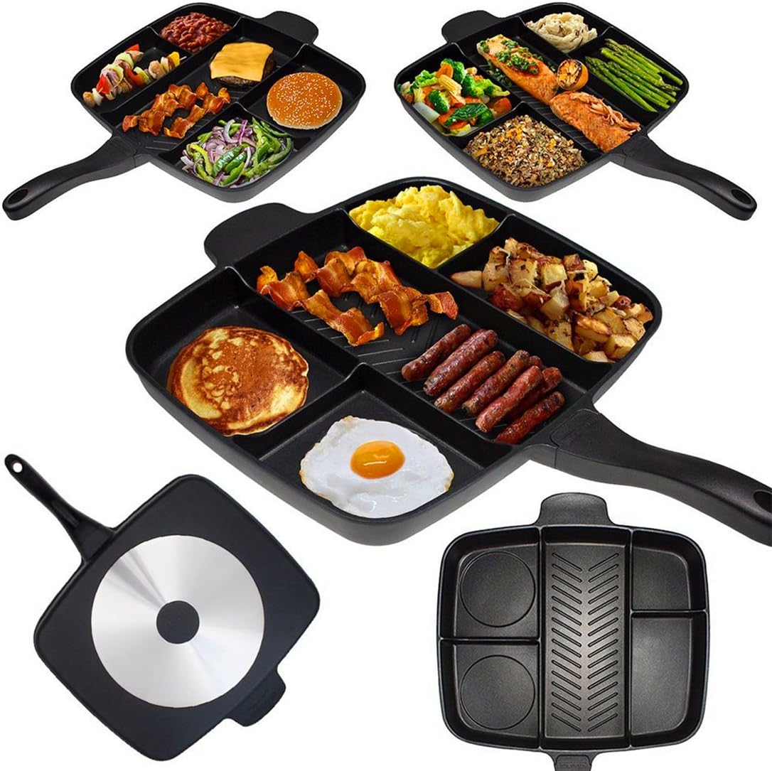 fuluomei FLM Professional Frying Pan - Non Stick Multi-Section 5 in 1 Frying Pan for All in One Cooked Cast Aluminium with Detachable Handle for Breakfast, Eggs, Oven, Meals, 32 x 38 cm