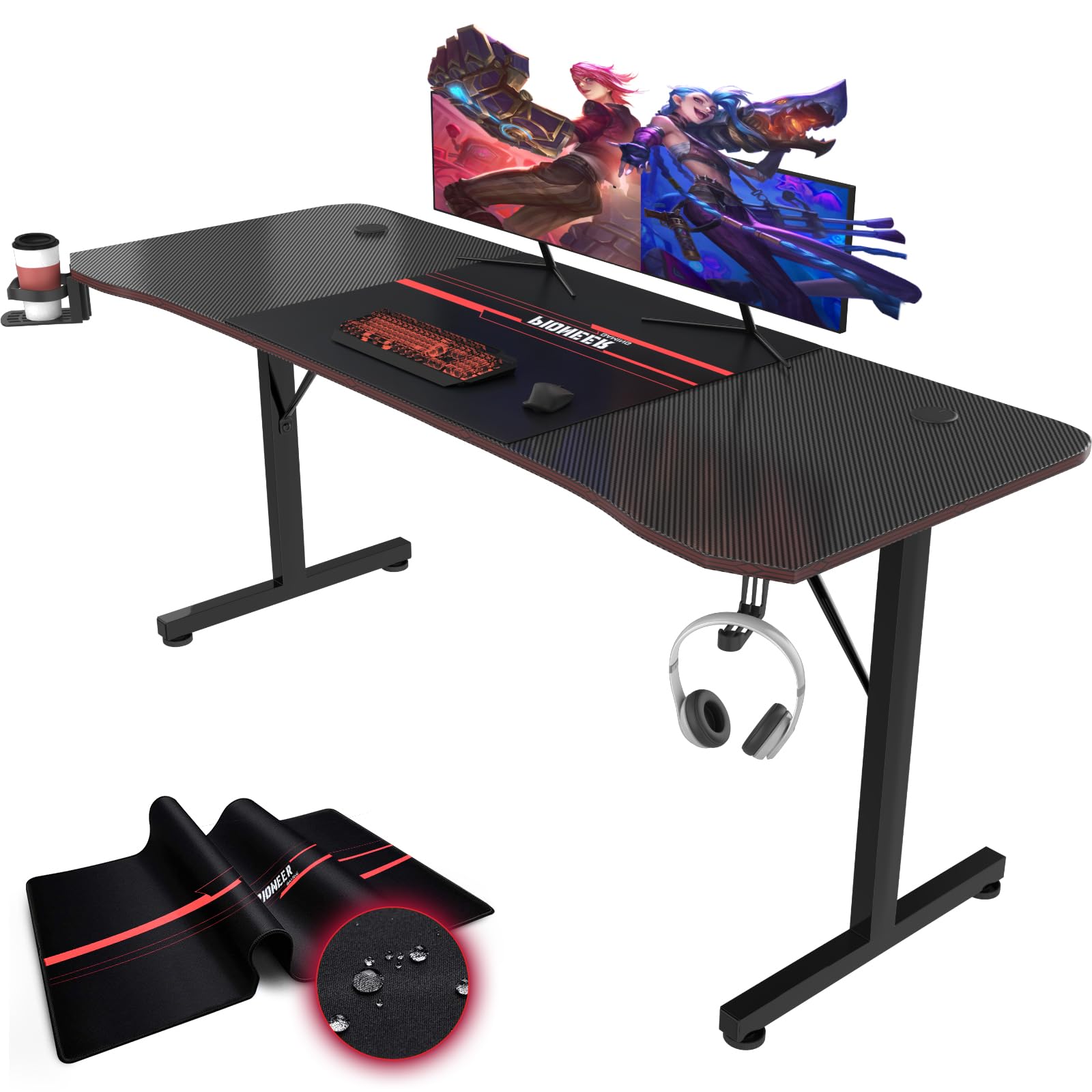 Devoko Mesa Gaming 180 x 60 cm, Escritorio Gaming de Fibra de Carbono, Escritorio de Juego Ergonómico con Alfombrilla de Ratón, Ganchos para Auriculares y Soporte para Vasos de Agua