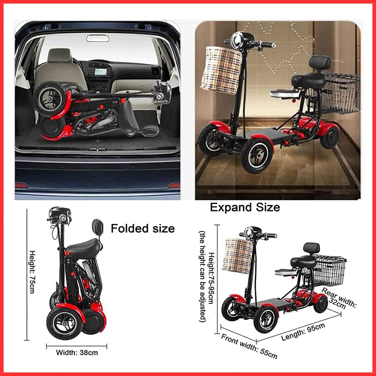 Scooter de movilidad plegable de 4 ruedas para adultos, ancianos, discapacitados, viajes al aire libre, cestas dobles delanteras y traseras, frenos de disco dobles, negro, 15,6 Ah/40 km