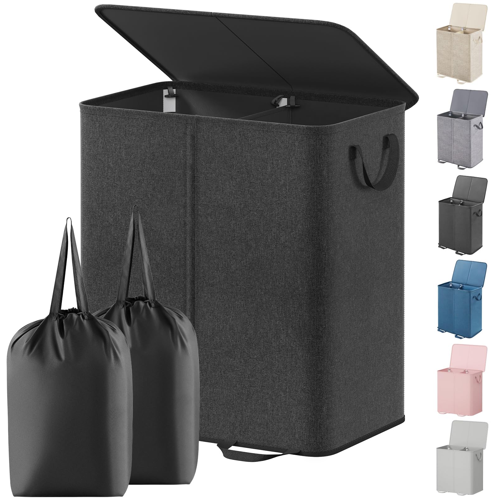 Lifewit Double Laundry Hamper with Lid and Removable Laundry Bags, Large Collapsible 2 Dividers Dirty Clothes Basket with Handles for Bedroom Laundry Room Closet Bathroom College, 155L Black