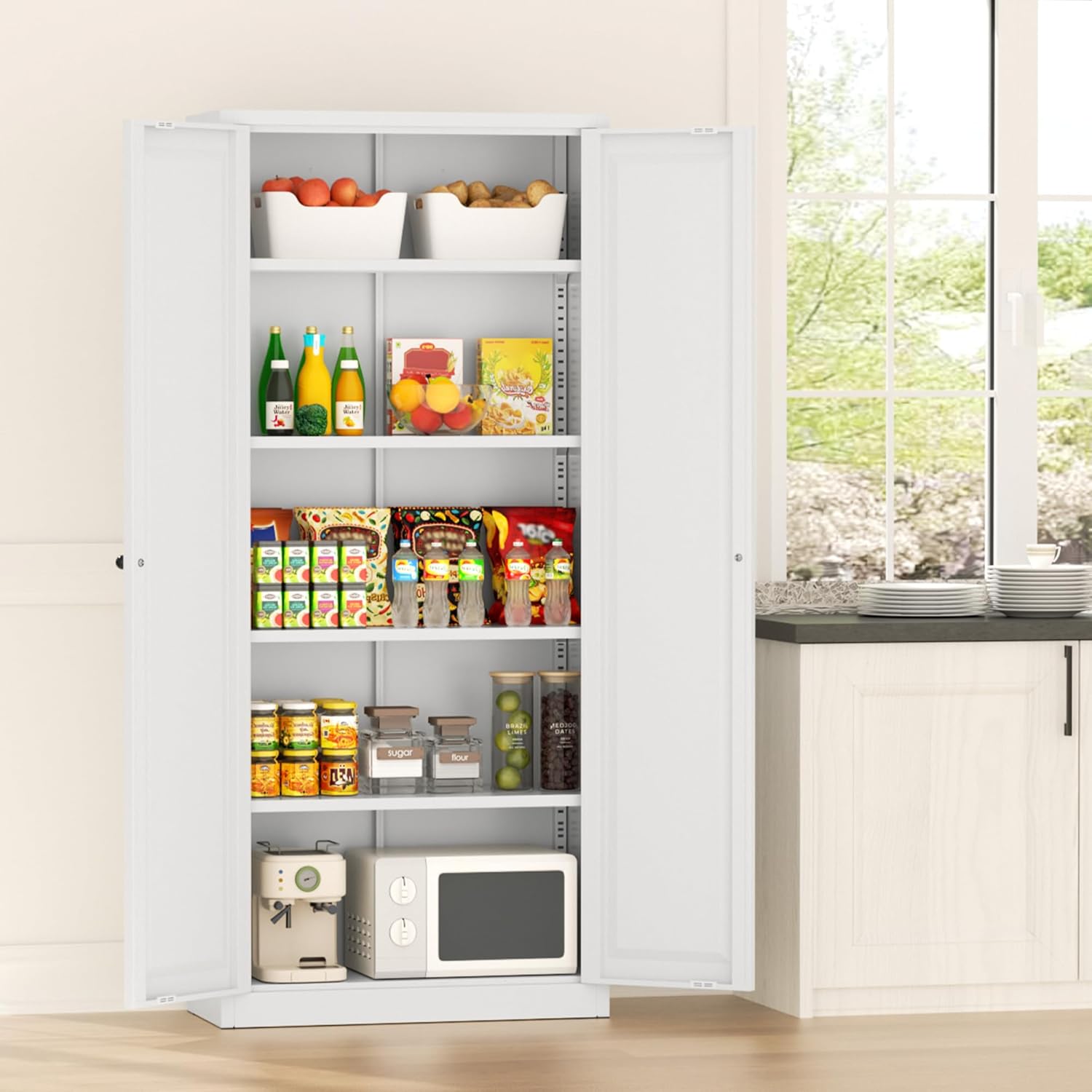 Greenvelly 63" H Metal Pantry Storage Cabinet, White Locking Metal Cabinet with 4 Adjustable Shelves, Kitchen Pantry Cabinets for Home, Garage, Pantry, Kitchen, White