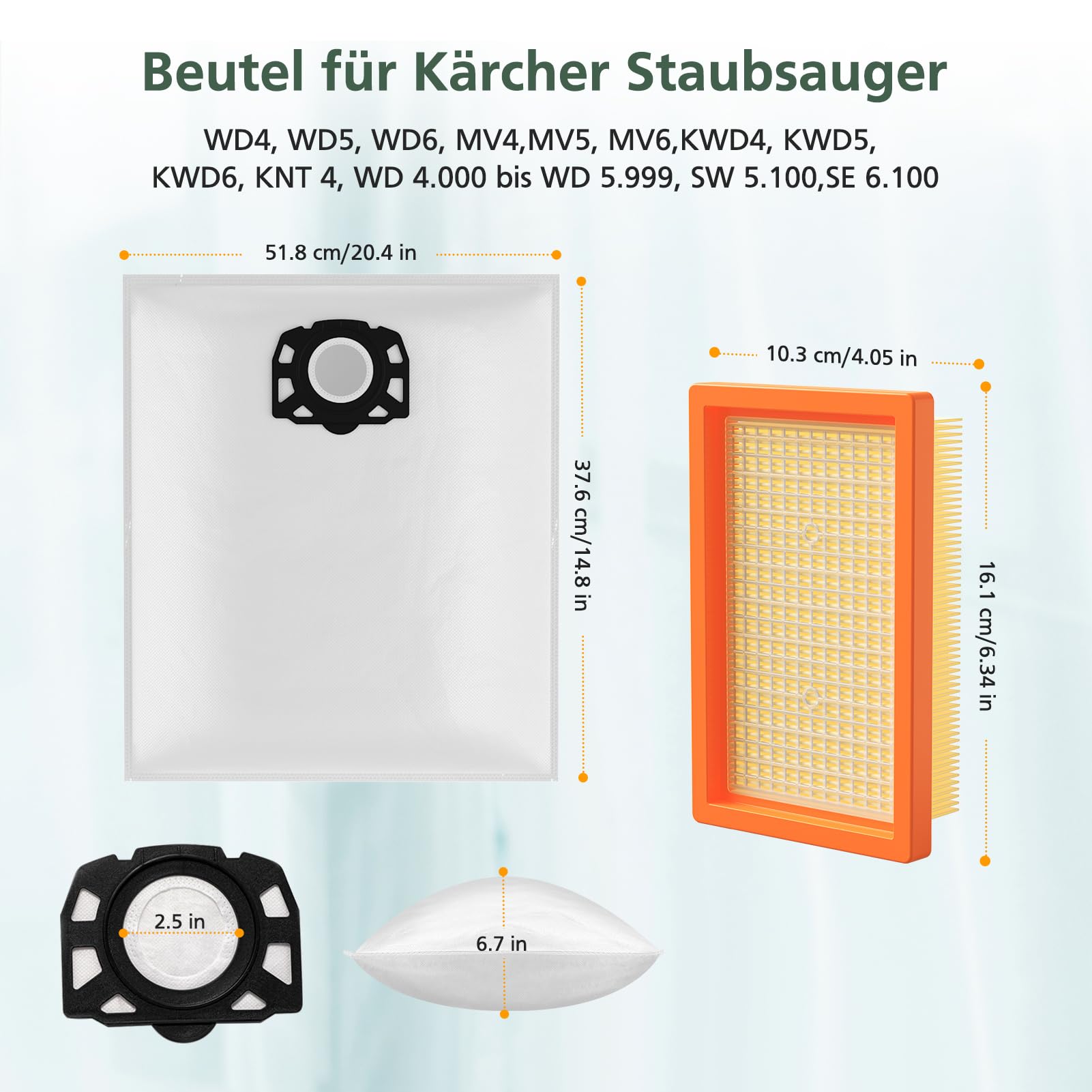 12 Stück KFI 487 Staubsaugerbeutel für Kärcher WD4,WD5,WD6,WD5P,WD6P, MV4, MV5, MV6,für Kärcher 2.863-006.0,Vliesfilterbeutelbeutel Filtertüten für Nass & Trockensauger, Weiß (mit 2 Filter)