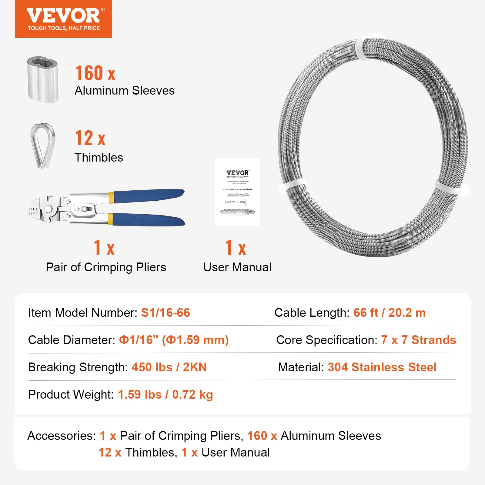 VEVOR Kit Cavi Metallici 1,59 mm 20,2 m Cavo Acciaio Inossidabile 304 con Pinze a Crimpare 160 Manicotti 12 Redanelli 7x7 Fili