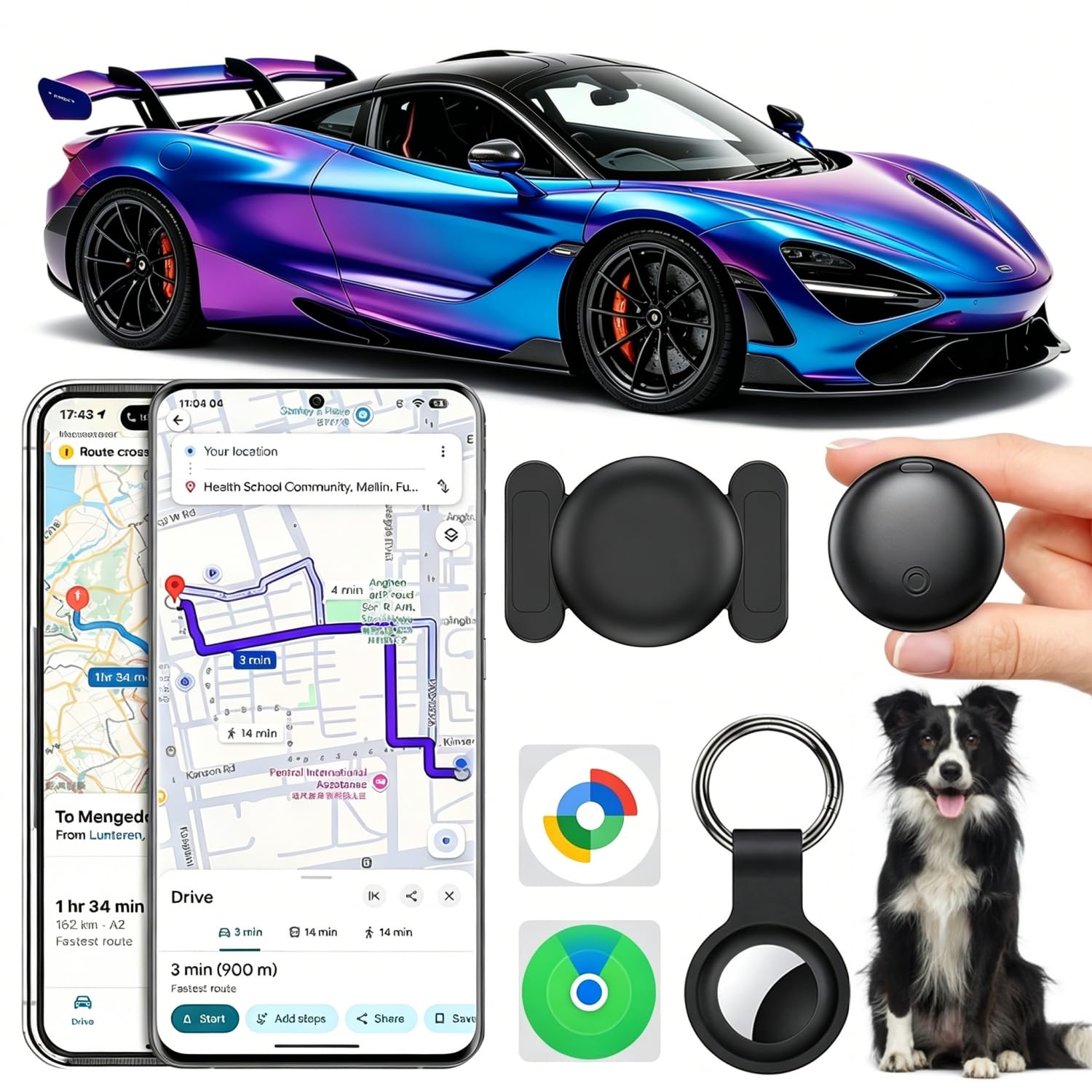 Traceur GPS Voiture, Car GPS Tracker pour Android y iOS, Magnétique Tracker de Voiture sans Abonnement, Invisible Bluetooth Smart Tag pour Moto/Wagons/Vélo (Noir)
