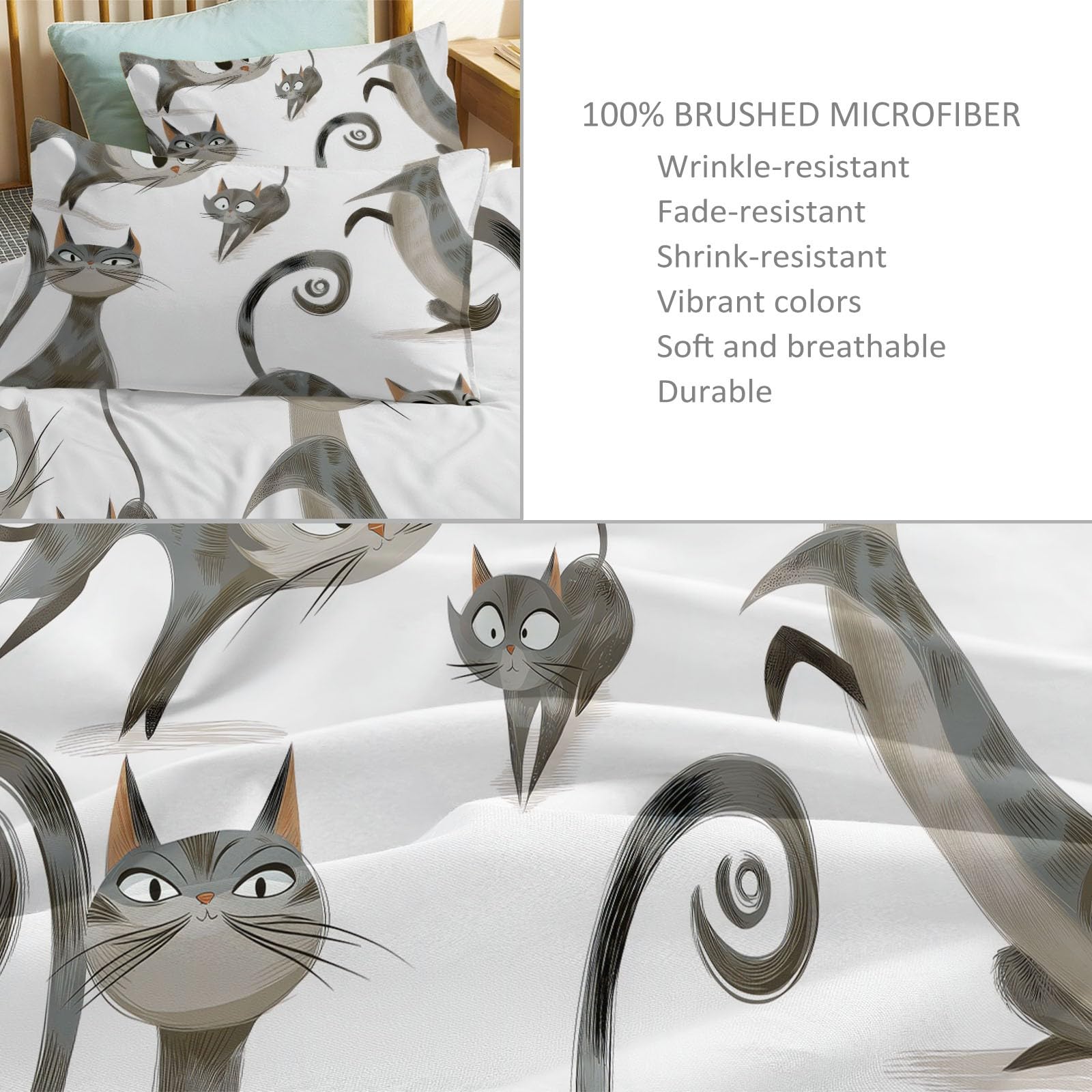 Pościel 240 x 220 cm, zestaw 3 szt. – miękka szczotkowana mikrofibra, biała, dwustronna pościel dla młodzieży, dzieci, łóżko podwójne, prosta, elegancka, zwierzęcy, kot, nowoczesna poszewka na kołdrę