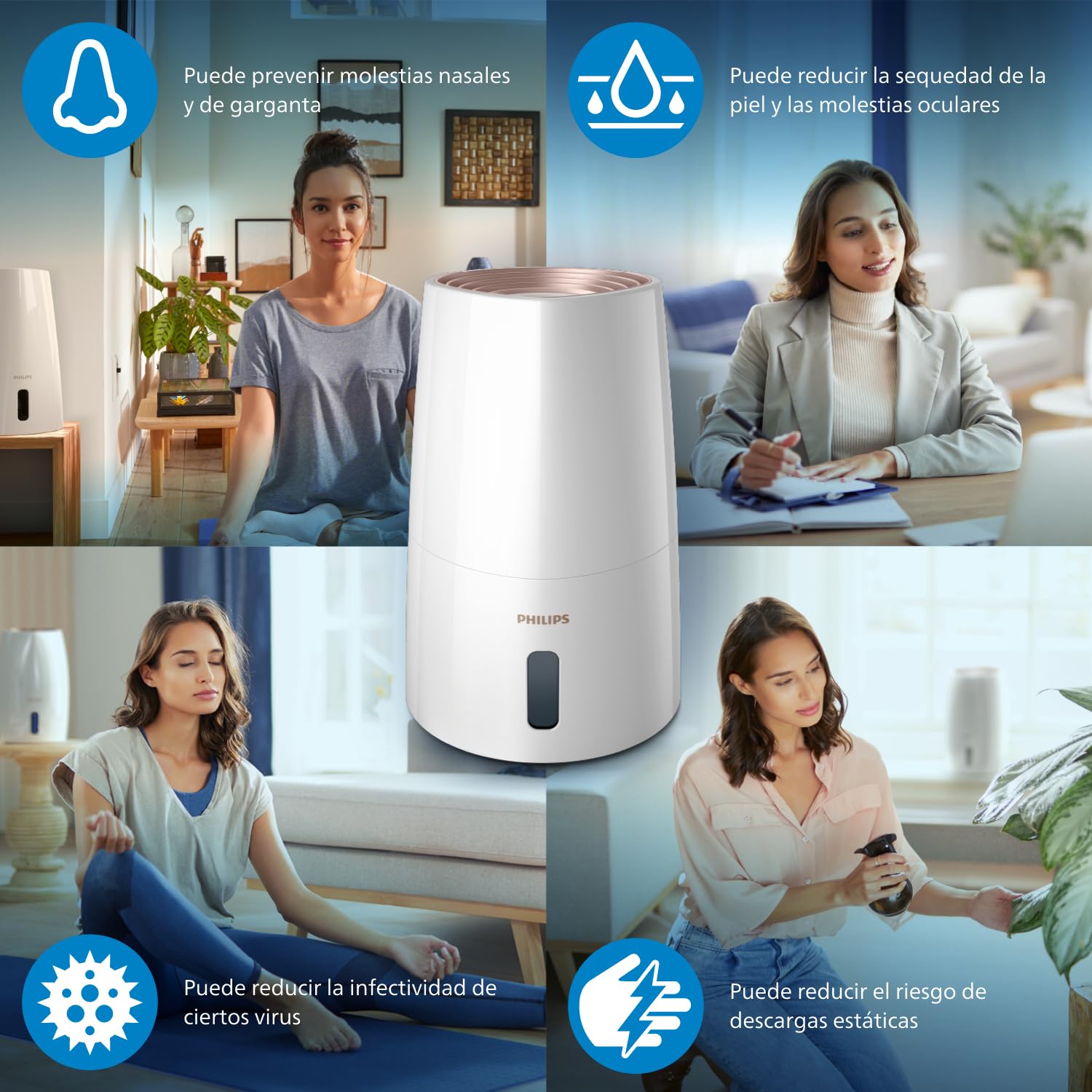 Philips Humidificador Serie 3000, 45 m², 99,97% menos bacterias (NanoCloud), 300 ml/h, 3 velocidades, Modo Sueño, Ultrasonido (33 dB), Sensor, Temporizador, Depósito 3L, Blanco (HU3916/10)