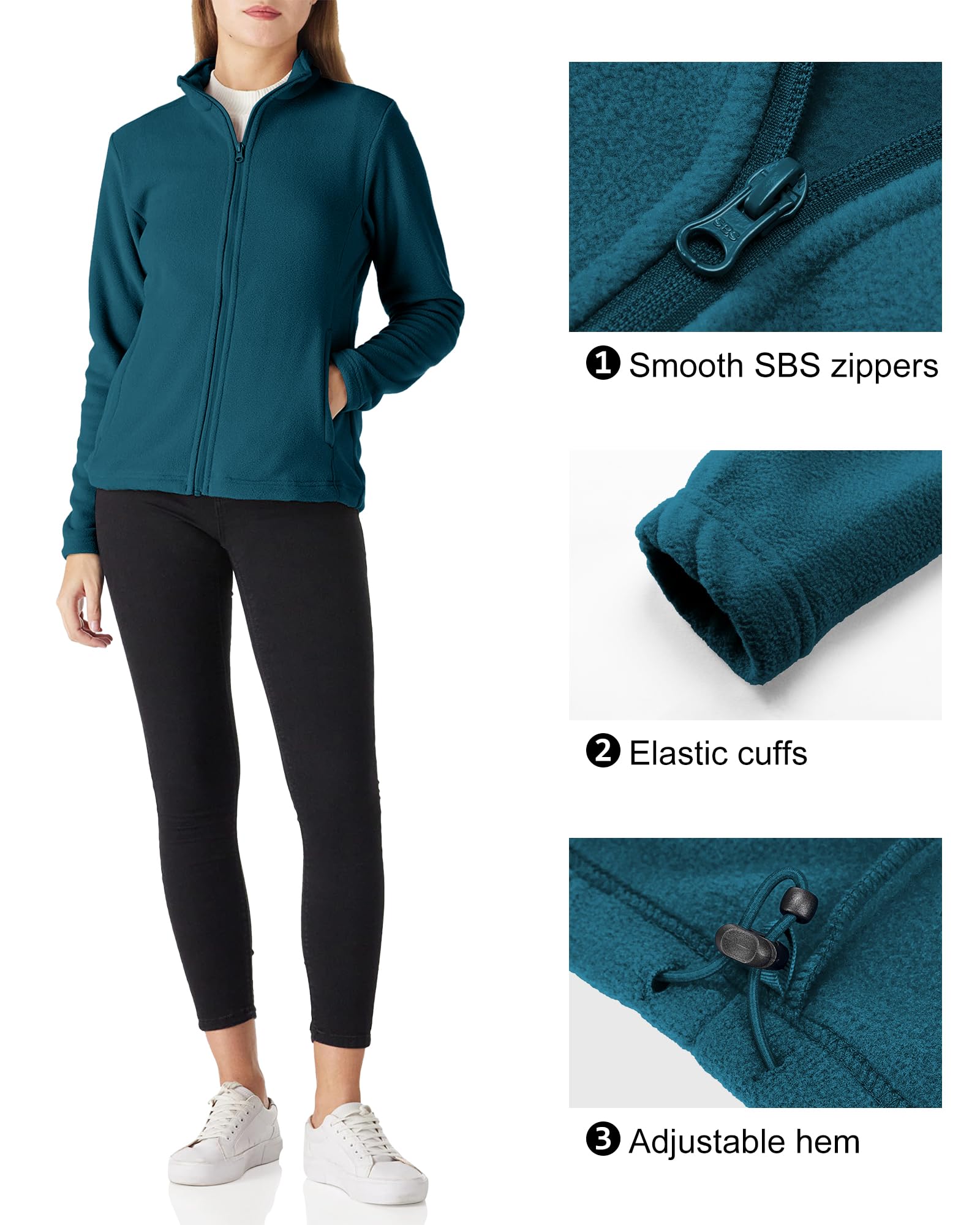 Outdoor Ventures Veste polaire légère et chaude à manches longues avec fermeture éclair pour femme pour l'automne et l'hiver