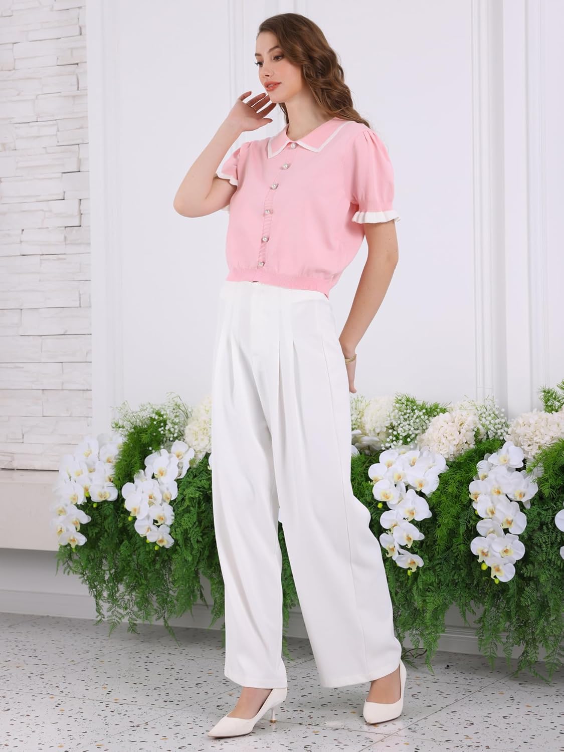 Women's Puff Sleeve Blouse Dressy Vintage Knit Ruffled Crop Tops - Image 2