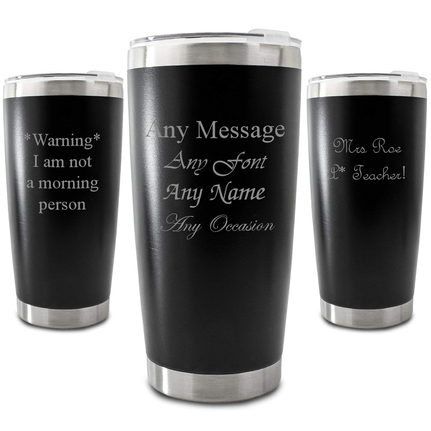 Personalisierter, gravierter, schwarzer 500-ml-Reisebecher, personalisierbar mit jeder Nachricht, Auswahl aus verschiedenen Schriftarten, inklusive Geschenkbox, Lasergravur