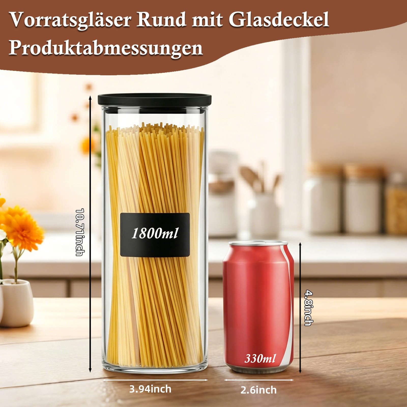 Vorratsgläser mit Deckel Glas 4er Set 1800ml Vorratsdosen Glas Luftdicht mit Transparenten Glasdeckel Vorratsglas Rund mit Etiketten Stapelbare Aufbewahrungsgläser für Küche Spaghetti Aufbewahrung