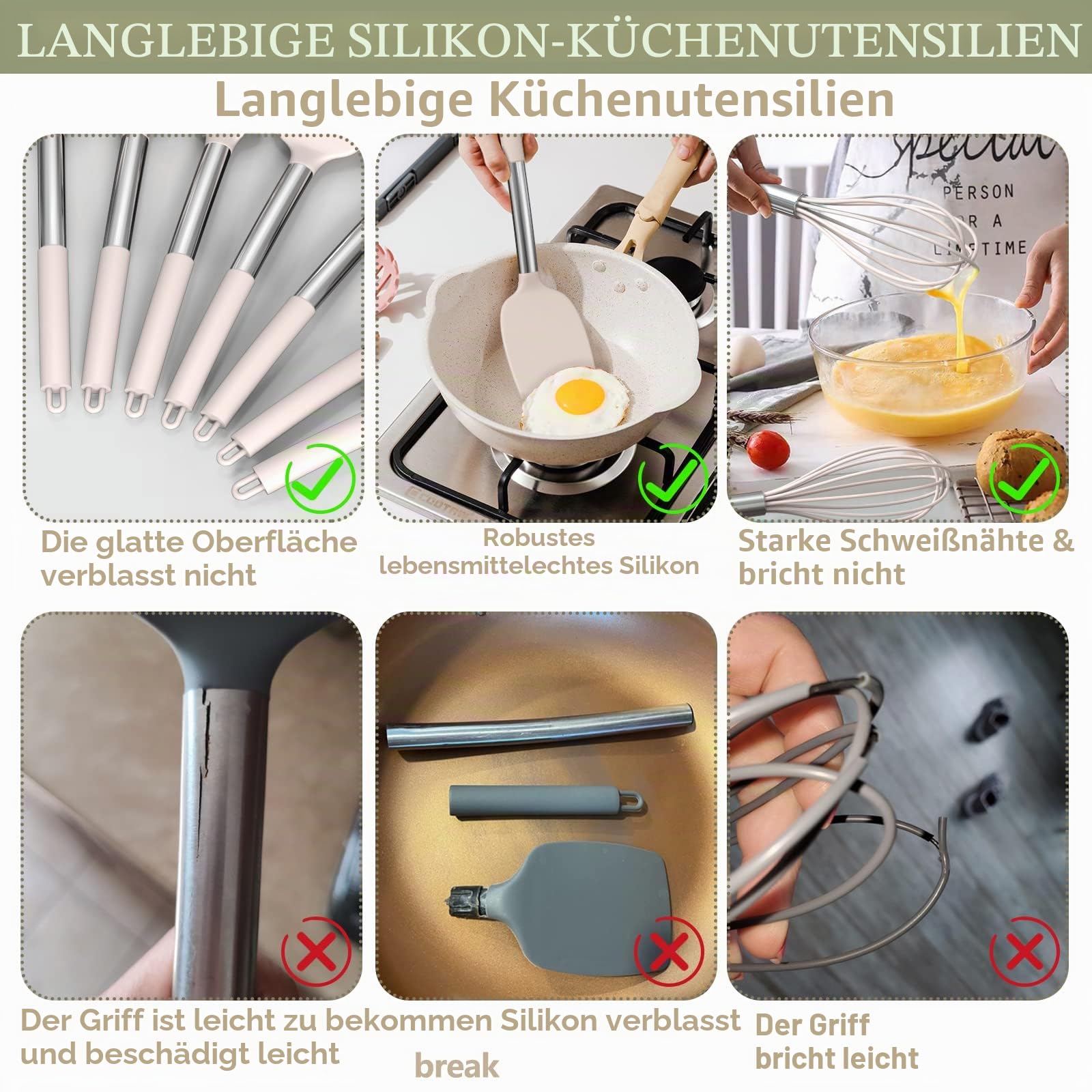 Umite Chef Küchenutensilien-Set, 15-teilig, Silikon, hitzebeständig, antihaftbeschichtet, BPA-frei, Edelstahl-Griff, Pfannenwender, Löffel, Zange, Schneebesen, Kochgeschirr