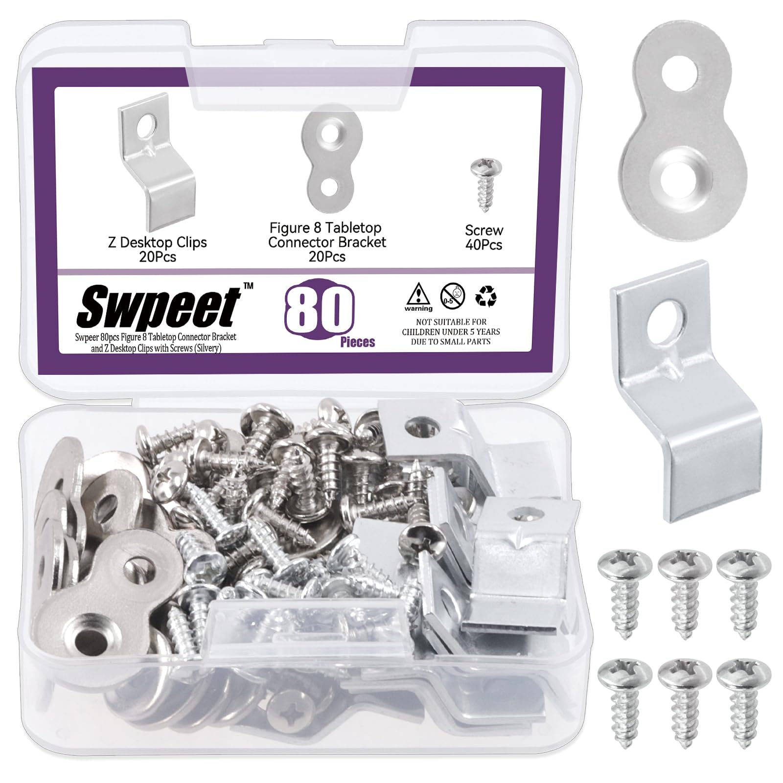 Swpeet 40 works Silver 2 Styles Heavy Duty 8 Table Top Connector and Z Adjustable Corner Brackets with Matched Screws Assortment Kit