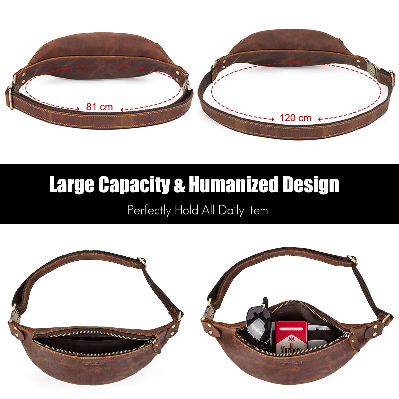 FANDARE Retro Brusttasche Leder Bauchtasche Sling Waist Bag Herren Unternehmen Schultertasche Umhängetaschen für Freien Reisen Wandern Hiking Joggen DaypacksDunkelbraun
