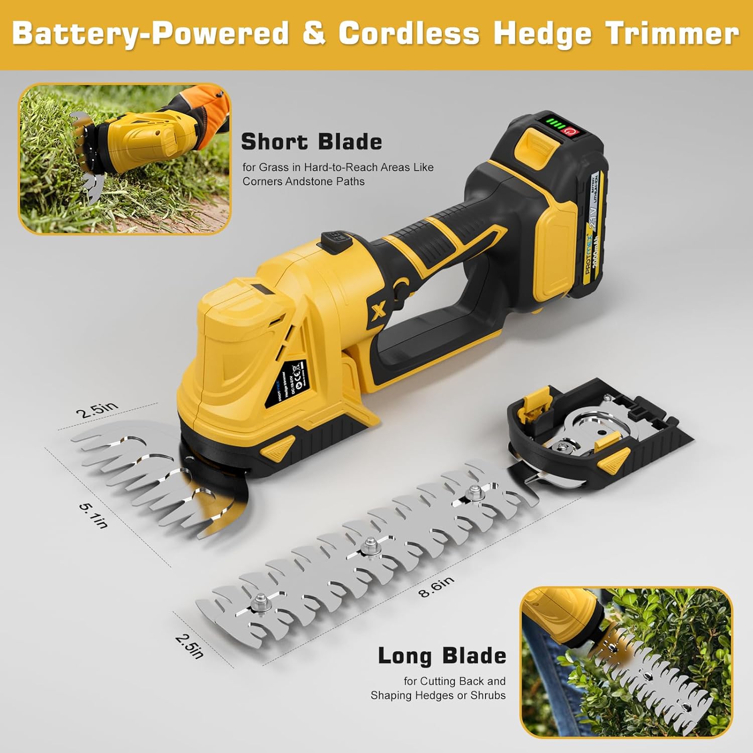 Cordless Hedge Trimmer, 21V Electric Hedge Trimmer, 2 in 1 Handheld Grass Shear & Shrubbery Trimmer with 2 * 2.0Ah Batteries & Charger for Garden, Lawn
