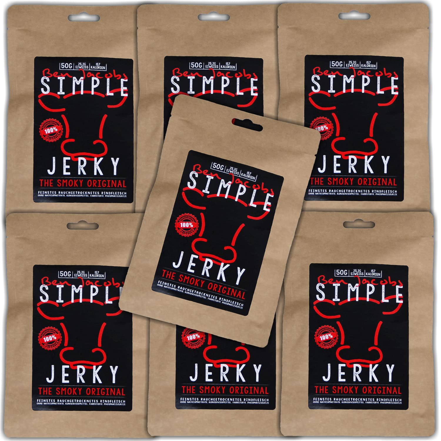 Beef Jerky Probierbox, 5 x 50g, handgemacht, Österreichs Beef Jerky Nr. 1, grasgefüttert Weiderind, Premium Trockenfleisch ohne chemische Zusätze (Smoky Original)