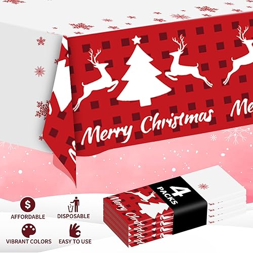 Miniatura 10 de JHDZDHY Paquete de 4 manteles desechables de plástico para árbol de Navidad, suministros de decoración de fiestas de Navidad, 54 x 108 pulgadas