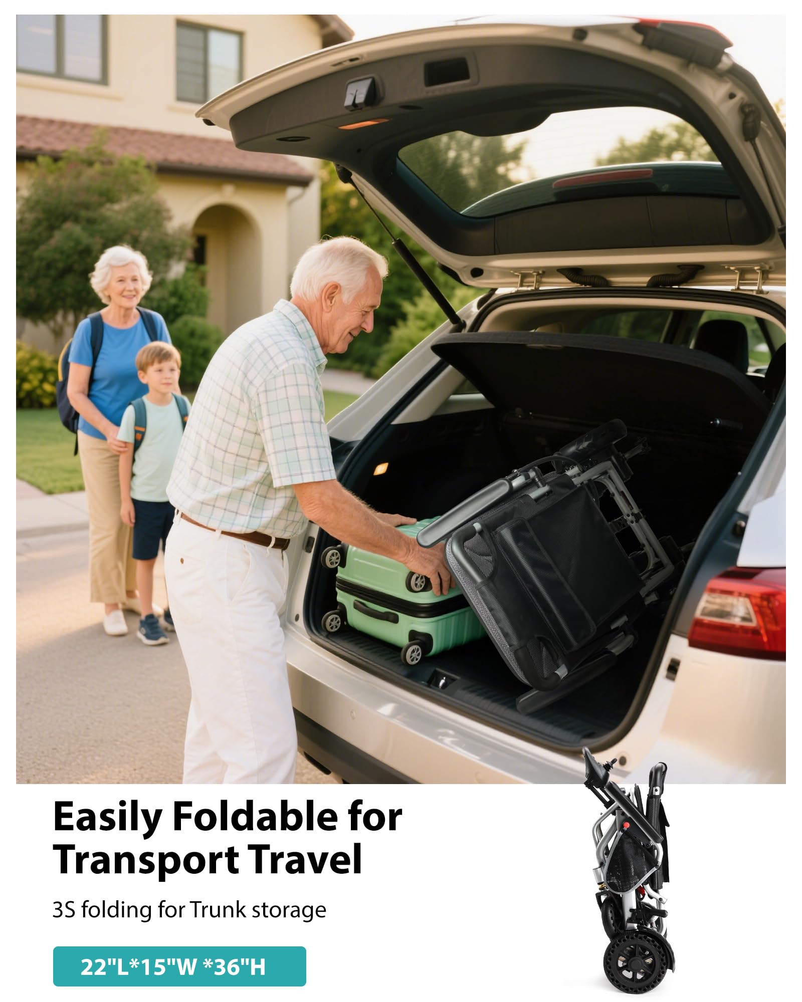 15 KG Silla de Ruedas Eléctrica Plegable para Adultos, Soporta hasta 150 KG, Autonomía de 24 KM y Apta para Viajes en Avión, Motor de 360 W para Uso en el Hogar, Exteriores y Viajes, Plata