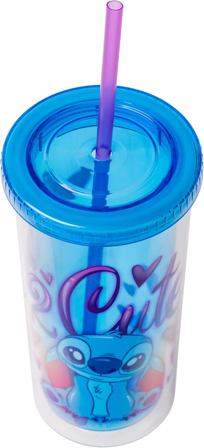 Silver Buffalo Disney Lilo and Stitch “2 Cute” Plastic Tall Cold Cup with Lid and Straw, 20 Ounces - Image 3