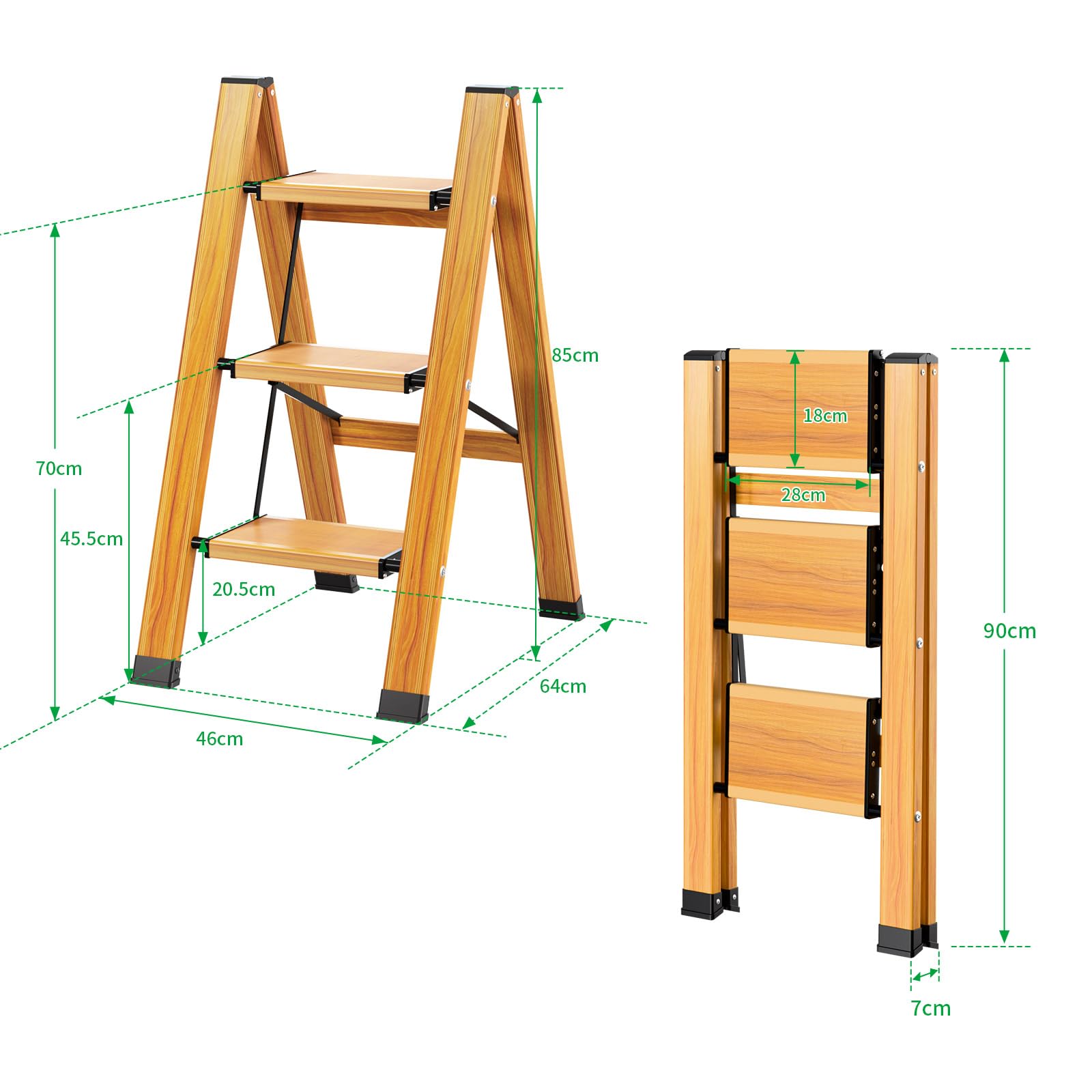 3 Gradini Scala Pieghevole in Alluminio, Scala Portatile Antiscivolo, Scala Multifunzione con Design a Trama Legno, Resistente fino a 150 kg per Casa, Cucina, Bagno, Campeggio