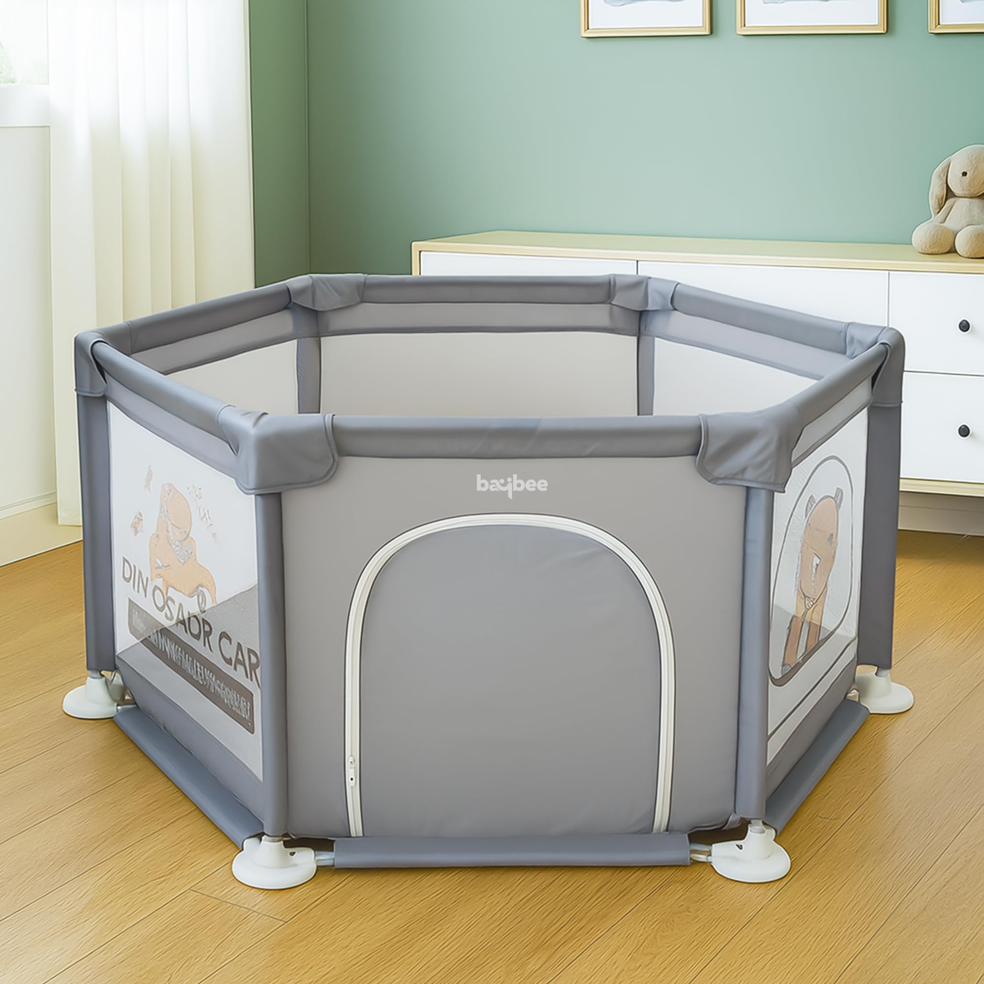 Baybee Neo Kids Playpen for Babies | Baby Play Area Indoor Setup with Hexagon shape for Extra Space | Baby Activity Playards with Zipper Lock & Corner Protection | Outdoor Play Pen for Baby up to 5 Years (Grey)-image-30