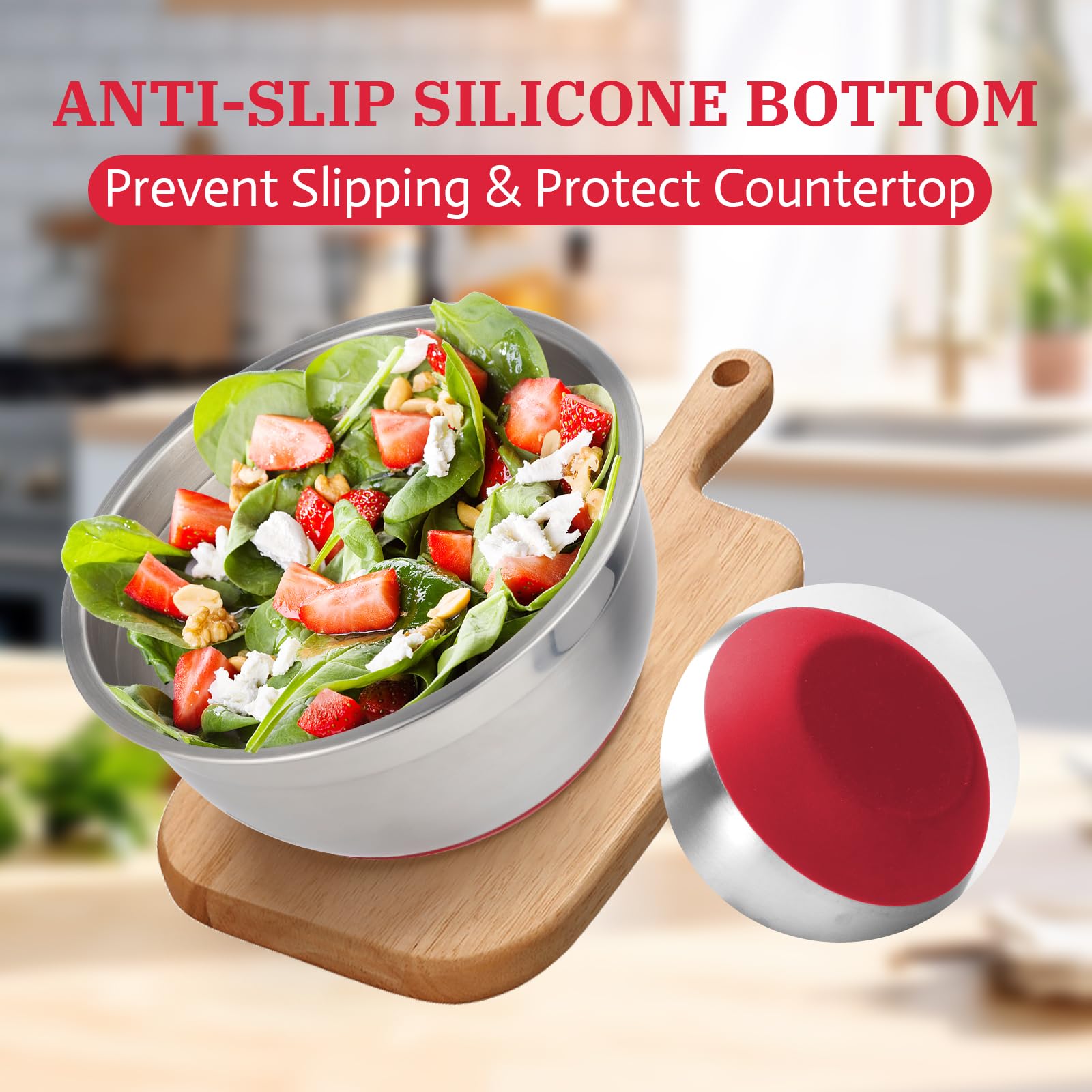 MARSKITOP Juego de 3 cuencos de acero inoxidable con tapas, cuencos anidados con tapas herméticas, marcas de medición y fondo rojo antideslizante, ideal para mezclar y servir, 1.5QT, 3QT, 5QT