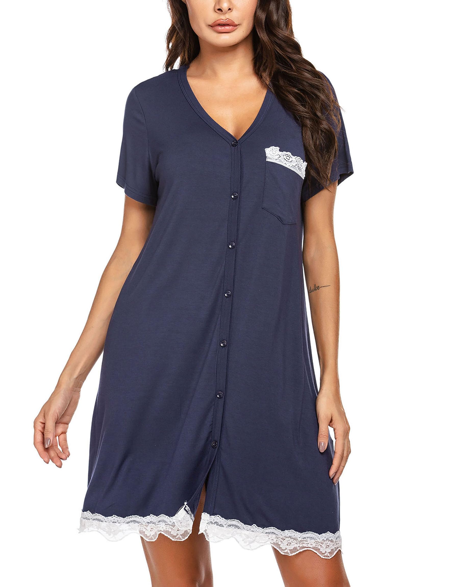 Ekouaer Camicia da Notte Allattamento Donna Maniche Corte Pigiama Sexy Premaman Nightdress Bottoni Pizzo, S-XXL