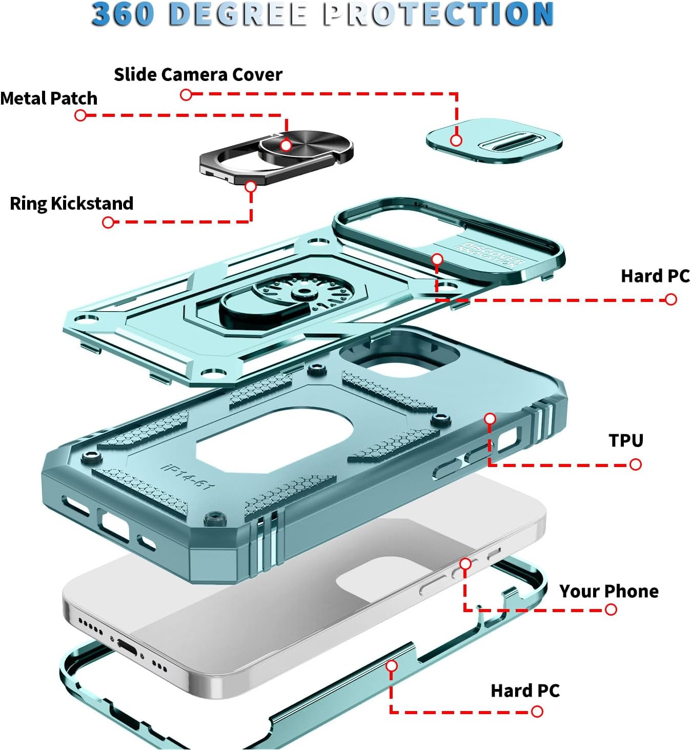 Fetrim Case for iPhone 15, Camera Cover Phone Case with Rotation Ring Stand for Apple iPhone 15 - Green - Image 4