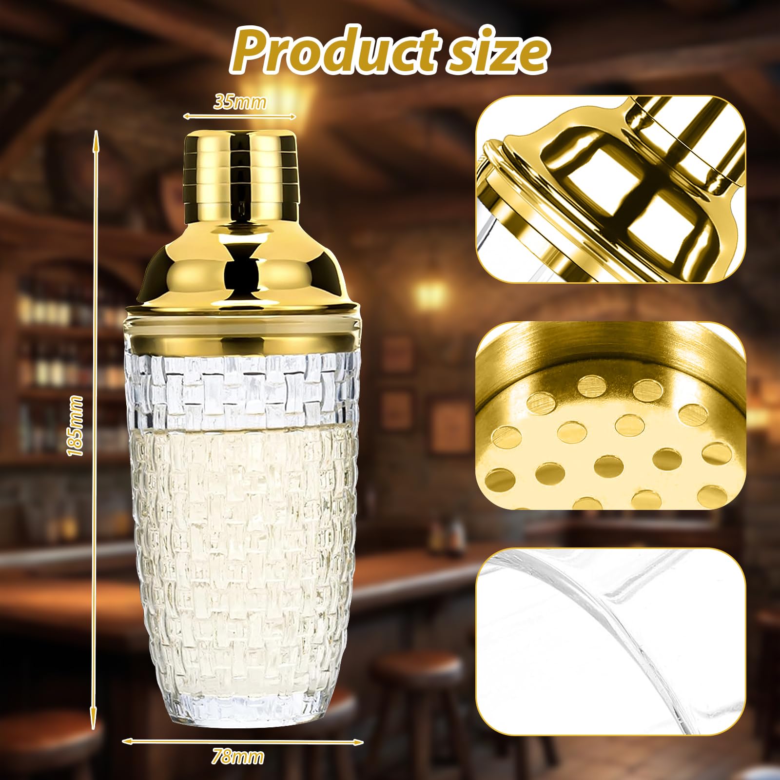 Shaker da Cocktail 400 ml, Set di shaker per cocktail in Acciaio inox e Vetro, Shaker con colino misurino e cucchiaio per casa, bar, vino, succhi di frutta misti, bevande (Oro-2)
