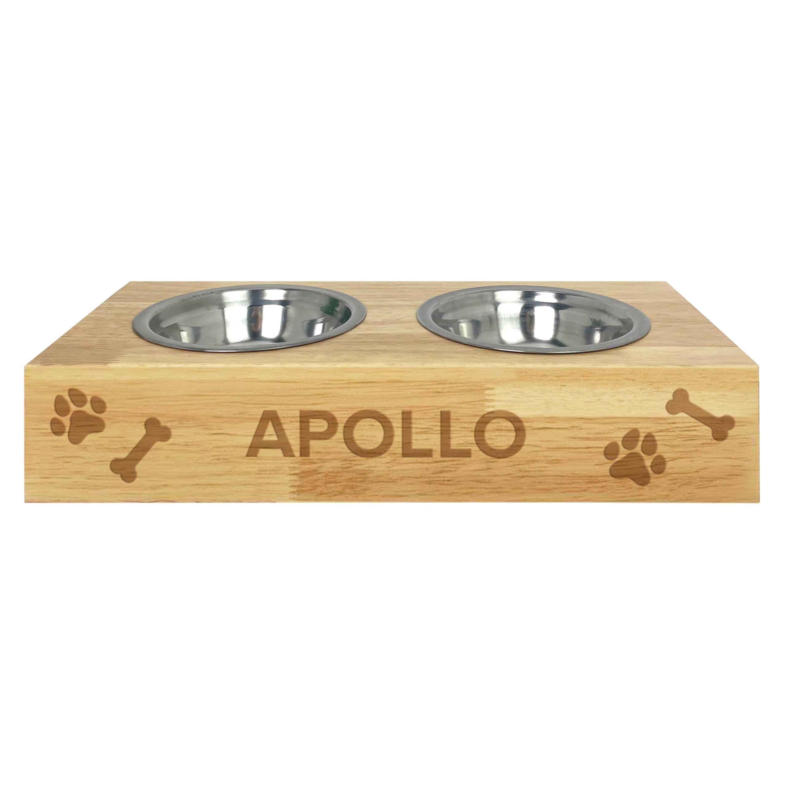Personalised Wood Raised Double Dog Bowl | Custom Engraved with Pet Name, Bone & Paw Print Motif | Elevated Feeder Stand for Small Breeds | W 35.5cm x D 16.5cm x H 7cm