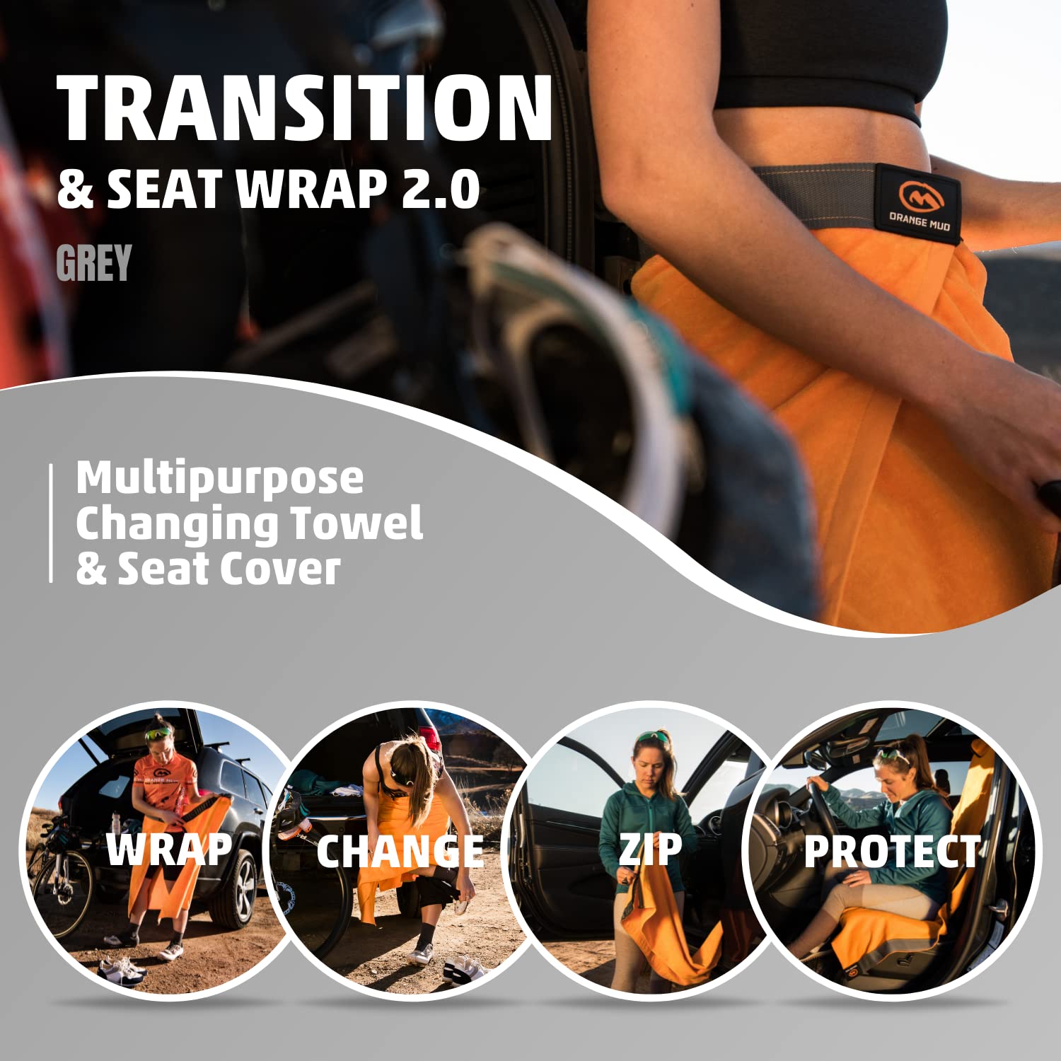 Orange Mud 3in1 Transition Wrap 2.0, Sporthandtuch + Autositz-Cover + Umzieh-Hilfe, Farbe grau