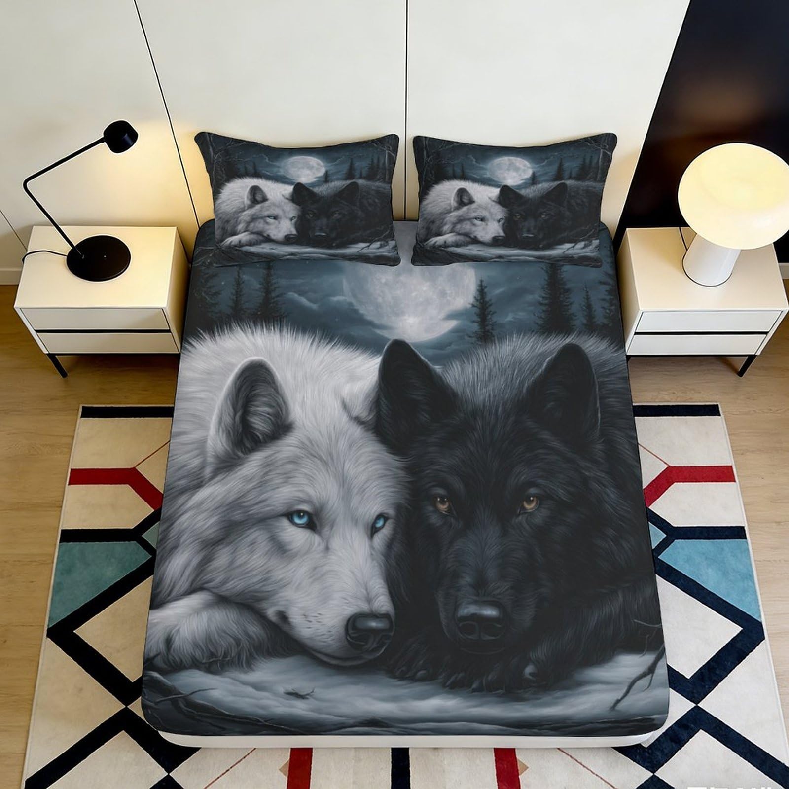 3D Printed Wolf Design Fitted Sheet Microfiber Soft Durable Black and White Wolves Bed Cover for Bedroom Dormitory Guest Room Mattress Protection 140x200x25cm