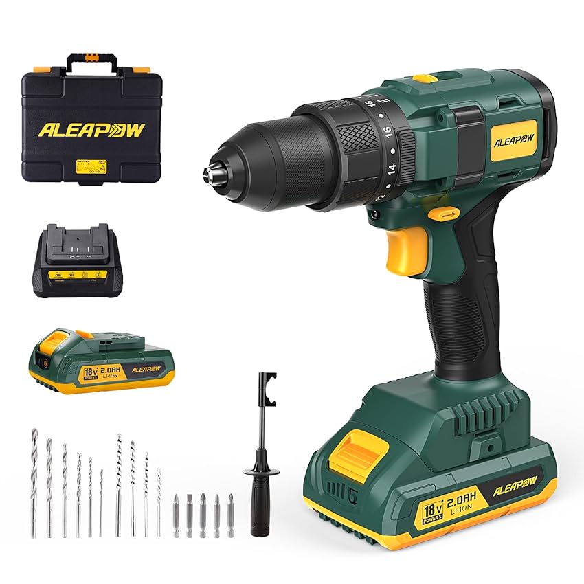 Immagine del prodotto ALEAPOW Trapano avvitatore a percussione a batteria da 18 V, trapano avvitatore a percussione, coppia max. 70 Nm, senza spazzole con 2 batterie, caricabatterie, impugnatura laterale in valigetta