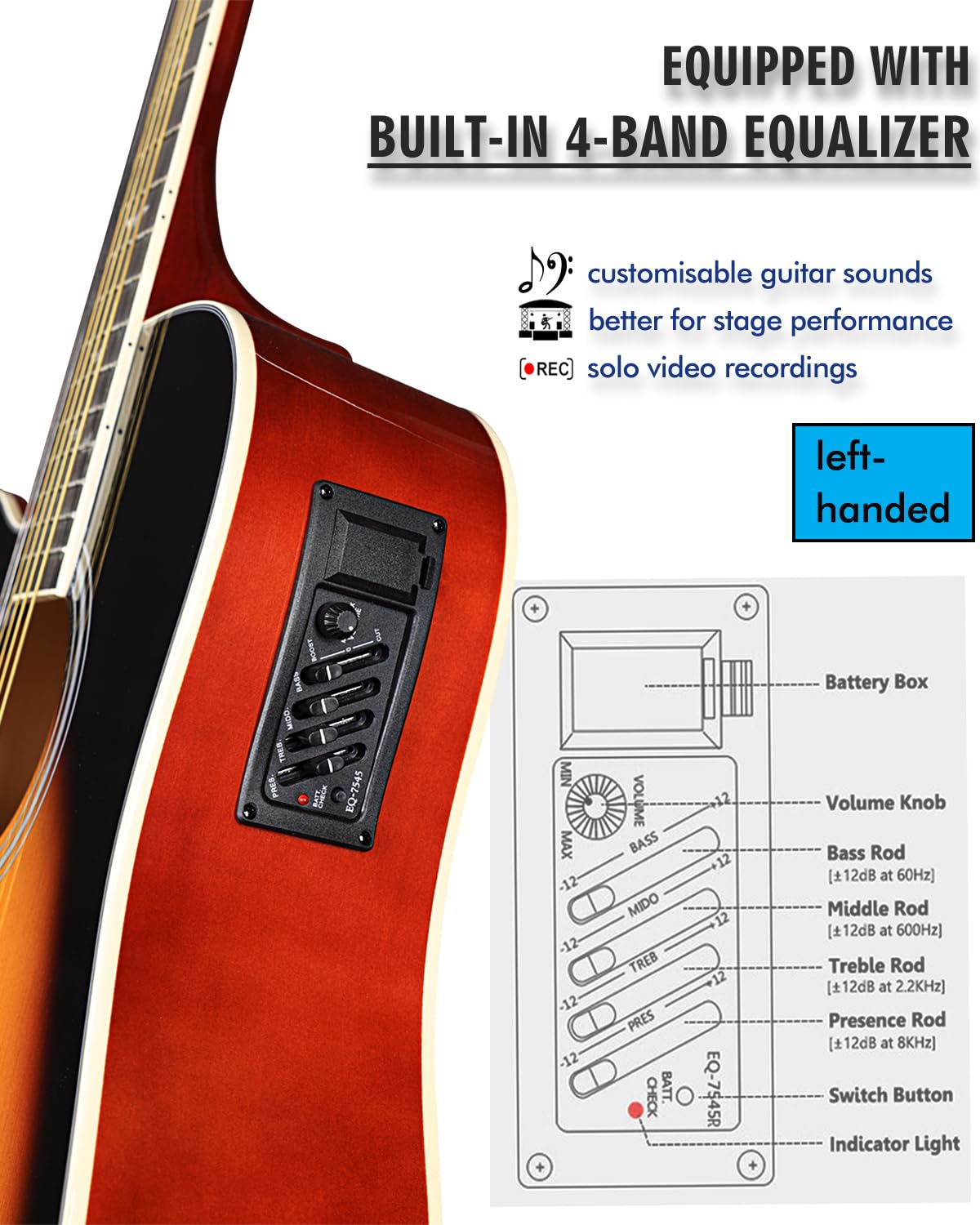Winzz 4/4 Gitara Elektroakustyczna, Leworęczna Gitara Westernowa, Zestaw dla Dorosłych Początkujących, Gitara Akustyczna 41 Cali z 4-pasmowym Ekwalizerem (Dreadnought, Połyskujący Sunburst)