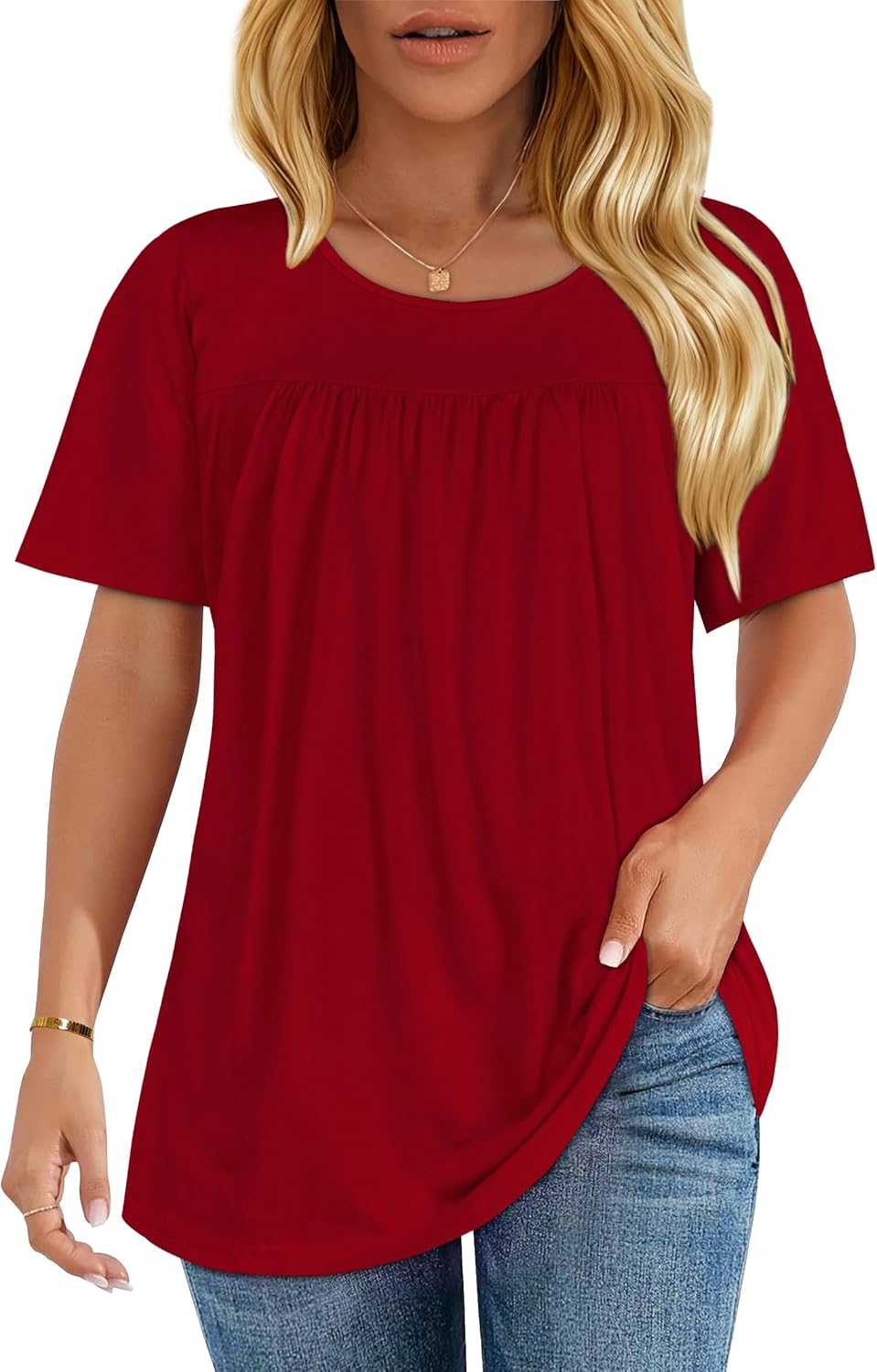 Womens T Shirts Short Sleeve Tops Casual Pleated Front Blouses Flowy Scooped Neck Summer Outfits