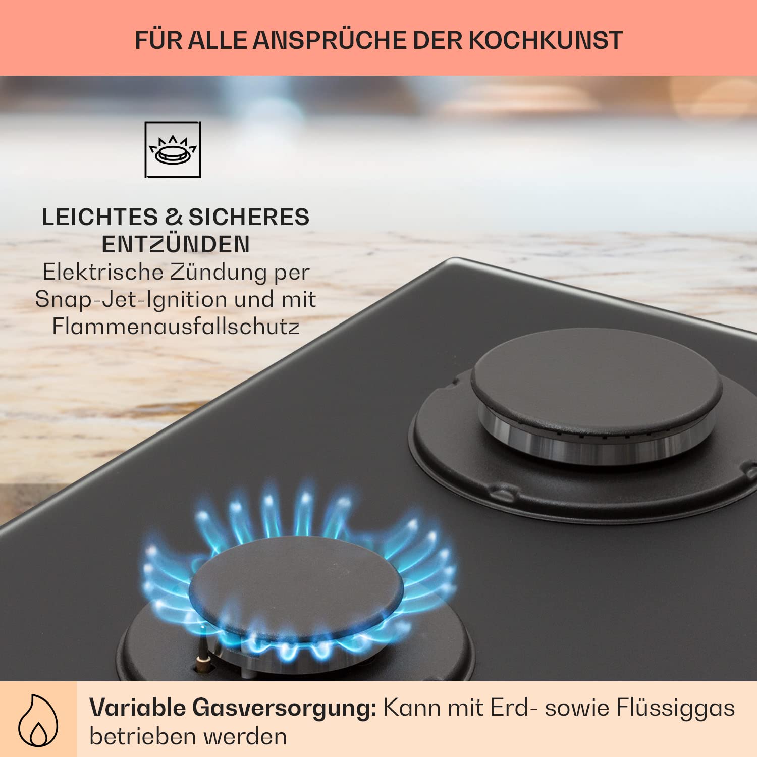 Klarstein Einbau-Gaskocher, Camping Gaskocher für den Innenbereich, Edelstahl 2-Flammig, LPG Gaskochfeld, Campingkocher mit Gas 2 Flammig, Gasherd für Propan- und Erdgas, Wok Brenner 4200W