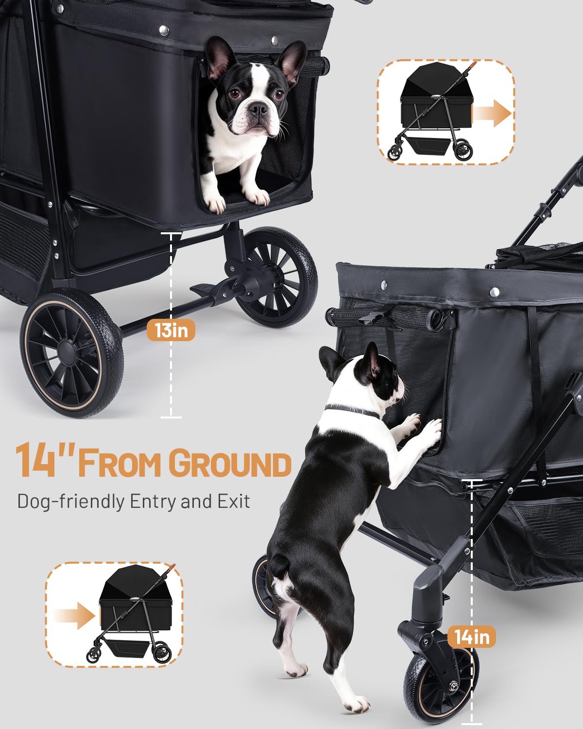 Dog Stroller for Large & Medium Dogs (20–132 lbs), Pet Stroller for 2 Small Dogs with Adjustable Handle & Canopy, Sun Shades, Storage Organizer, Foldable & Ventilated,Black - Image 6