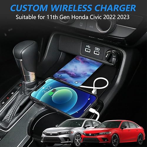 Miniatura 2 de Cargador inalámbrico para automóvil Honda Civic Hatchback Si Coupe tipo R 2022 2023 cargador de teléfono Qi de carga rápida de 10 W para nuevo