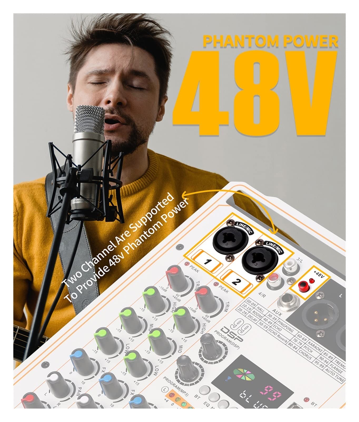 SOWOITIG 8-kanaals audio-mixerconsole met 99 DSP-effecten, digitale DJ-mixer, professioneel mengpaneel met USB, Bluetooth, 48 V fantoomvoeding SOWOITIG 8-kanaals audio-mixerconsole met 99 DSP-effecten, digitale DJ-mixer, professioneel mengpaneel met USB, Bluetooth, 48 V fantoomvoeding