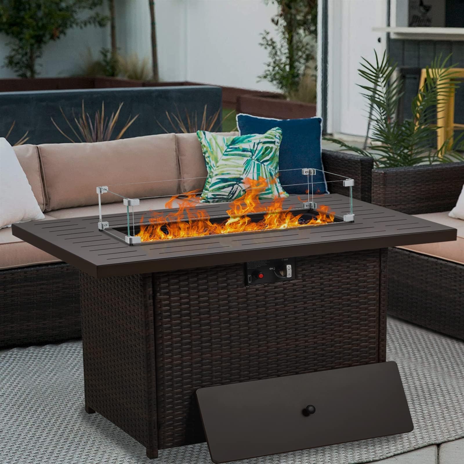 Propane Fire Pit Table,44 Inch 55000 BTU Outdoor Gas Fire Pit Rectangular with Glass Wind Guard for Outside Patio Deck (Brown-Aluminum Top)